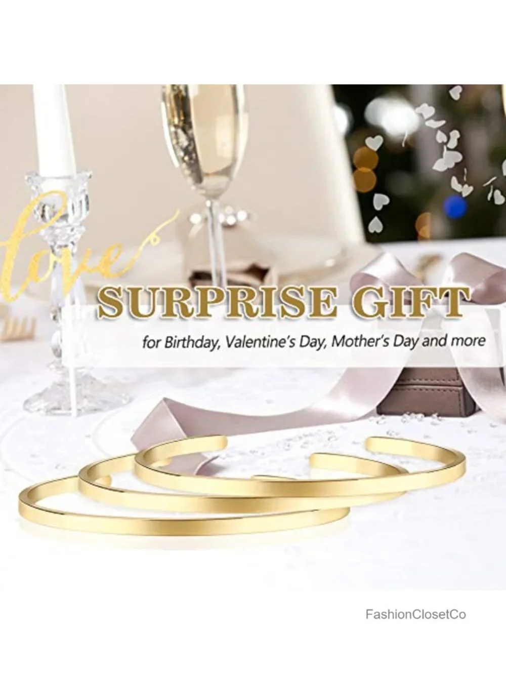 18K Gold Plated Open Cuff Bangle Bracelet, Adjustable, Surgical Steel, 2 Pack